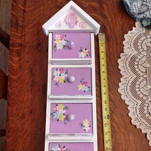 Vintage Hand Painted Floral Small Wooden Drawer Cabinet